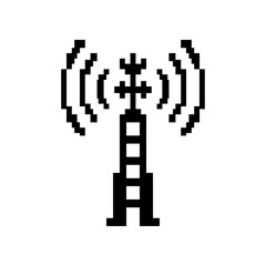Fototapeta premium Pixelated signal tower emitting radio waves, retro communication icon