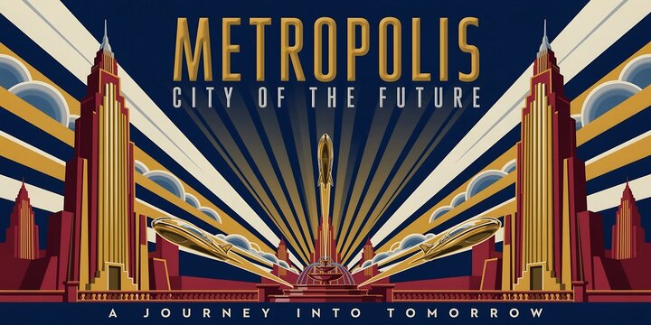 Art deco travel poster design titled metropolis city of future journey into tomorrow featuring monumental gold skyscrapers retro flying vehicles central fountain sunburst lines graphic style.