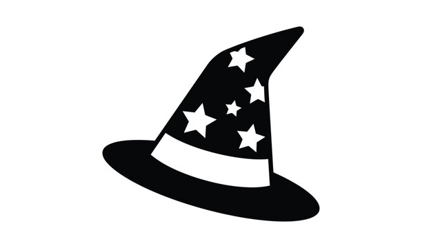 Black and white illustration of a tall pointed witch hat with stars, magical symbol for Halloween and fantasy themes