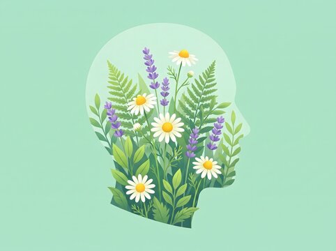 Human head silhouette with flowers and foliage