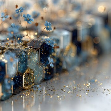 Glittering blue hexagons with small blue flowers.