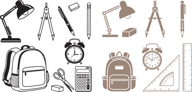 Set of school and office stationery icons with backpacks lamps and geometry tools