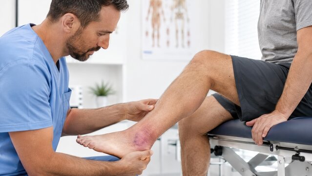 Medical professional examines swollen, bruised lower leg and ankle of a male patient on an exam table, assessing injury, pain and mobility for diagnosis and treatment