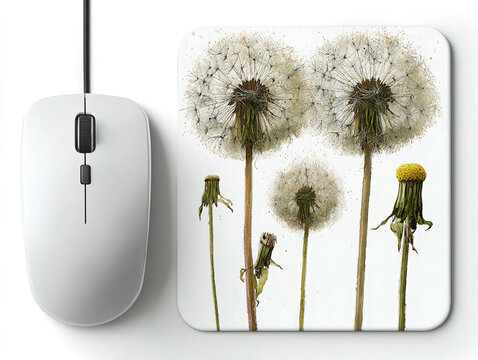 White computer mouse next to custom mousepad featuring printed dandelion seed heads design isolated on clean white background