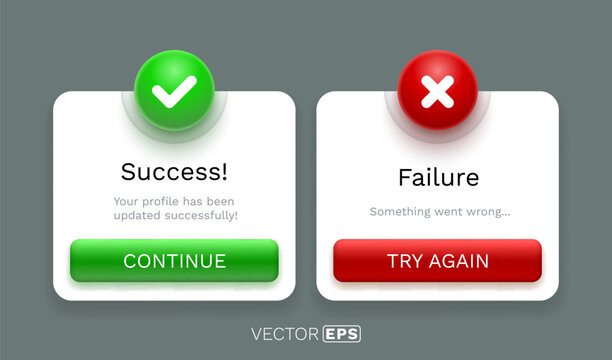 Modern UI pop-up messages for success and failure states.