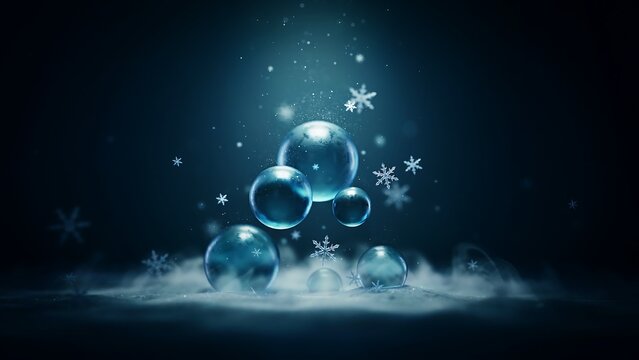 Winter scene featuring translucent glass orbs floating above snowy ground with falling crystalline snowflakes against dark blue background creating magical atmosphere for holiday celebration.