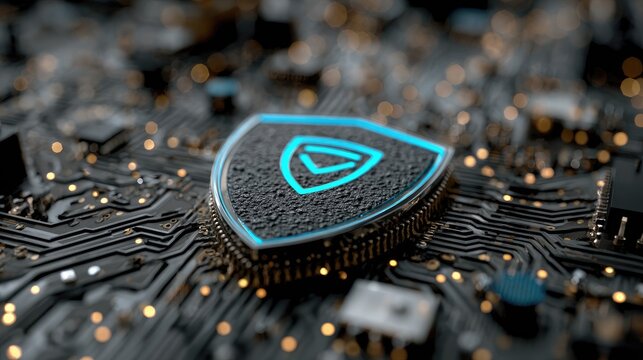 Glowing blue shield icon on circuit board.