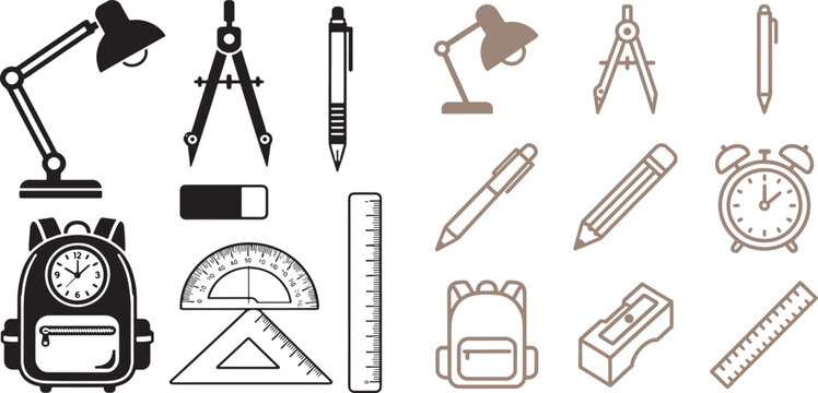 Set of school and office stationery icons including desk lamp compass pen backpack ruler and protractor