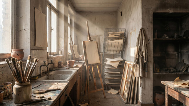 Forsaken Art Classroom With Strong Sunlight and Empty Smock