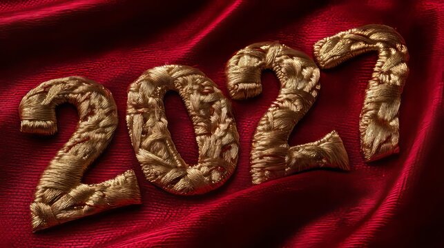 Golden Threads Embroidered Design on Rich Red Fabric Background