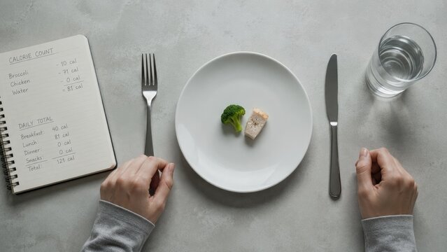 Overhead view of a tiny diet meal with broccoli and chicken on a white plate, hands, cutlery, water glass and calorie notebook suggesting portion control and calorie tracking
