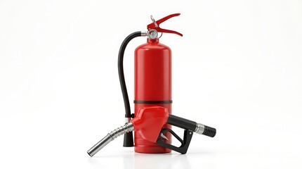 Obraz premium Fire safety at the gas station extinguisher and fuel nozzle combination