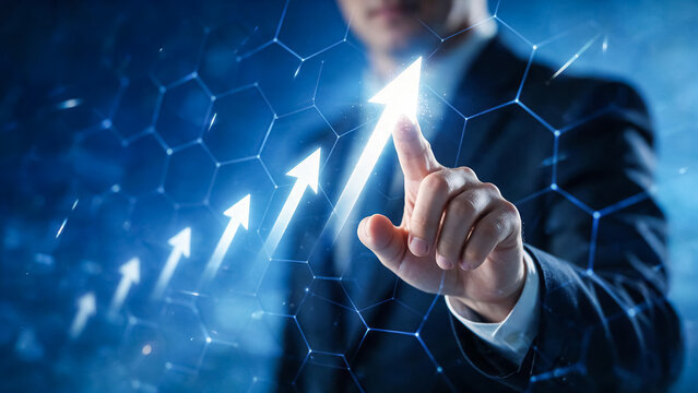 Business growth concept with glowing upward arrows, businessman touching digital financial chart, corporate success and market profit increase