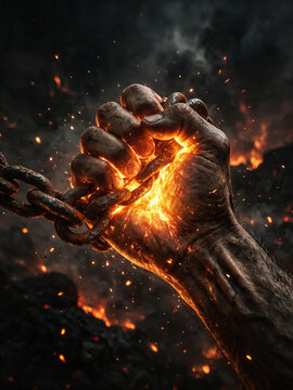 Powerful clenched fist breaking iron chains, glowing fire and sparks in dark background, concept of freedom and strength, dramatic cinematic lighting