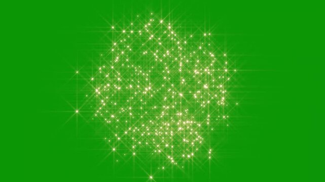 Sparkling stars forming a glowing sphere on magical glittering light flares and beautiful bright particle overlay, fairy sparkle burst, 2D flat sparkle effect overlay on green screen background.4k