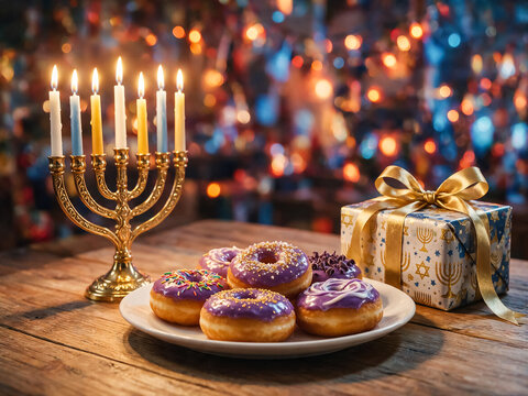 Hanukkah celebration still life with golden menorah, purple glazed sufganiyot donuts on wooden table, festive gift box with bokeh lights background