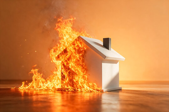 Burning house model engulfed in flames, home insurance and property fire damage concept, miniature white building on fire with smoke and sparks