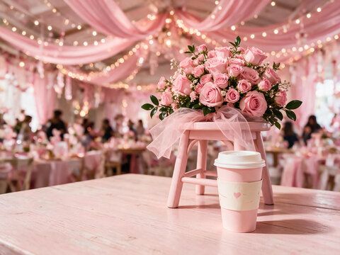 Elegant pink wedding reception decor with rose floral centerpiece, romantic event venue with fairy lights and draped fabric, pastel party atmosphere