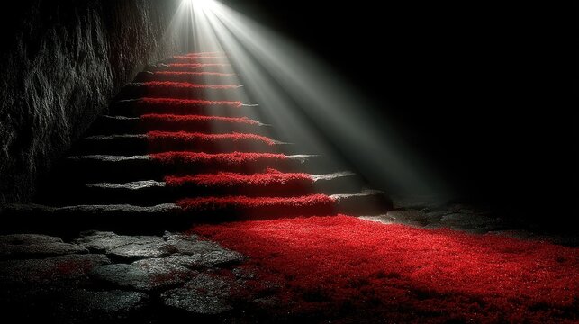 Glowing light beam hitting red carpet on stone steps.