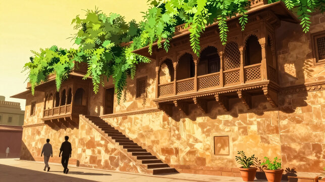 Traditional sandstone architecture with ornate balconies, ancient stone building with lush green vines, historic street scene in warm golden sunlight