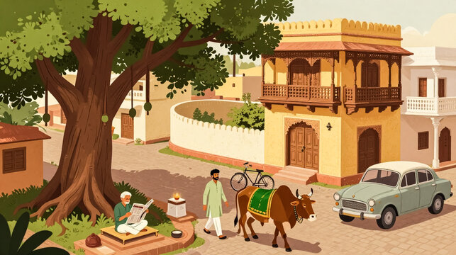 Traditional Indian village street scene illustration, rural lifestyle with banyan tree and vintage car, cultural heritage landscape in warm earth tones