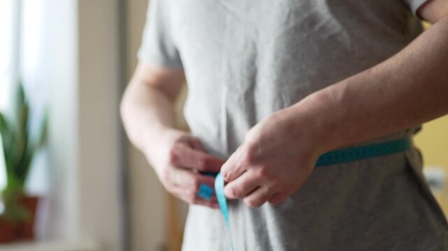 Man Measuring Waist with Tape After Workout