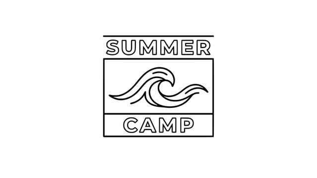 Minimalist black and white summer camp logo design with a stylized ocean wave graphic element