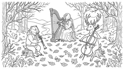 Naklejka premium Forest animals playing musical instruments in woodland scene coloring page for kids hobby.