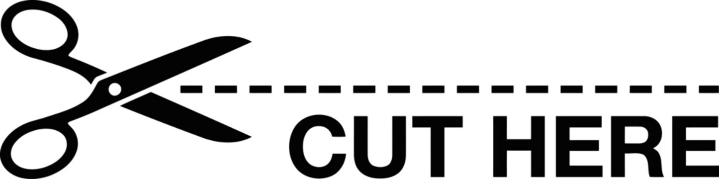 Black scissors icon with dashed line and text cut here isolated on white background symbolizing cutting or trimming instruction