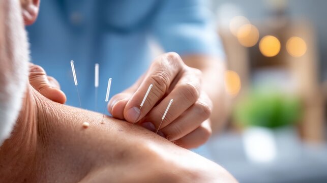 Acupuncture Therapy Session with Fine Needles on Patient's Skin