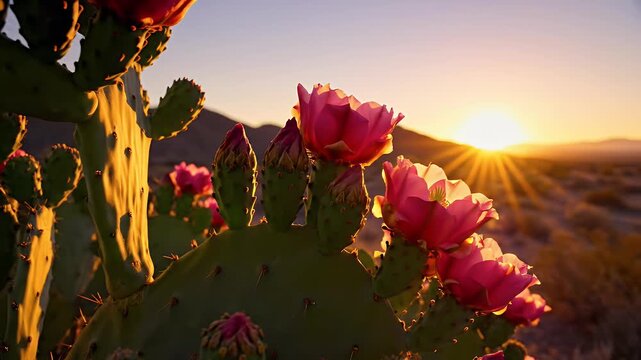 Prickly pear cactus flowers bloom at sunset in desert landscape