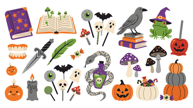 Halloween magic items set with witch potions pumpkins mushrooms book and spooky objects.