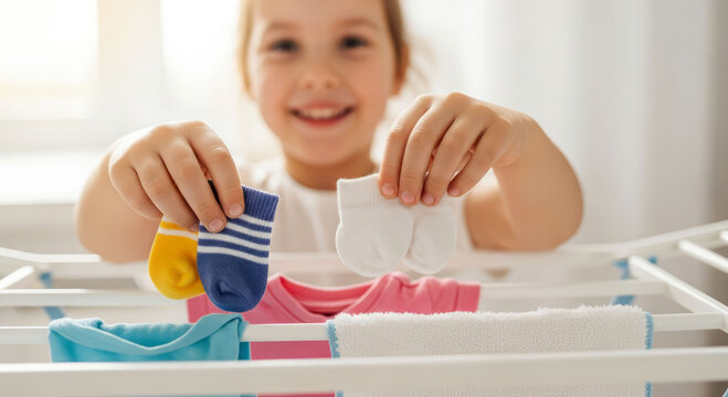 A smiling child hangs tiny colorful baby socks on a drying rack beside soft baby clothes, evoking home laundry, parenting care, family warmth and everyday household routines.