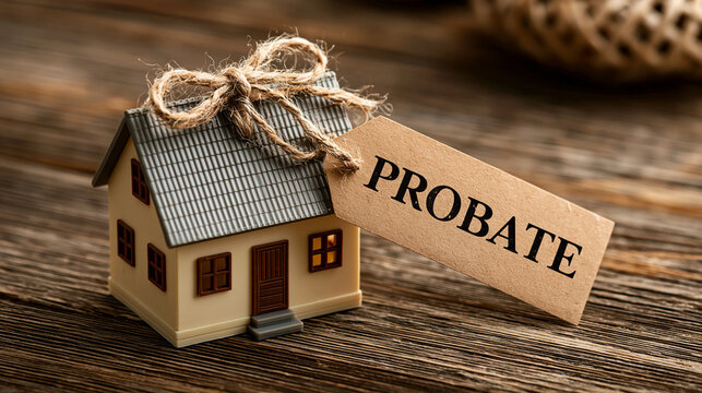 A miniature house model sits on a wooden table with a luggage tag labeled probate. It represents legal estate settlement and property inheritance planning.