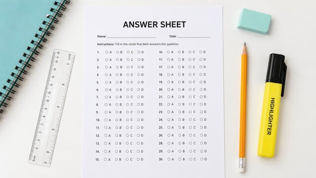 Answer sheet for a multiple-choice exam on a desk with pencil, yellow highlighter, eraser, clear ruler and spiral notebook