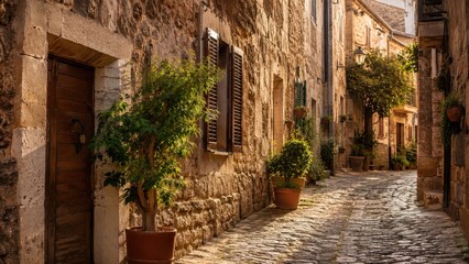 Obraz premium Sunlit narrow cobblestone alley lined with old stone buildings, wooden shutters and potted plants in warm golden light