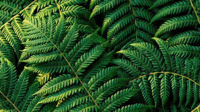 overlapping fern fronds creating lush forest green botanical texture