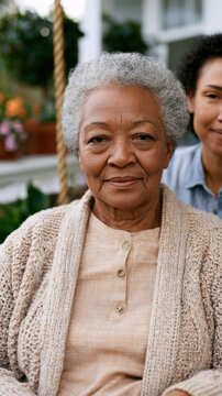 Elderly African American woman with gray hair wearing a knitted cardigan sits outdoors, with a younger woman smiling in the background among plants and natural light