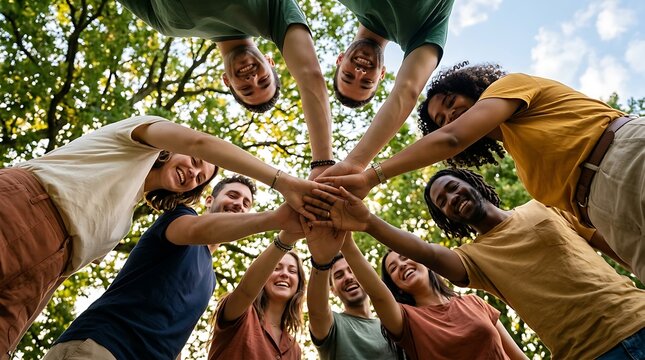 Diverse group of young people joining hands in unity outdoors
