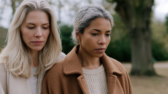 Two women standing closely together in a park, one with long blonde hair and the other with curly dark hair, both wearing warm coats, conveying a moment of support and connection