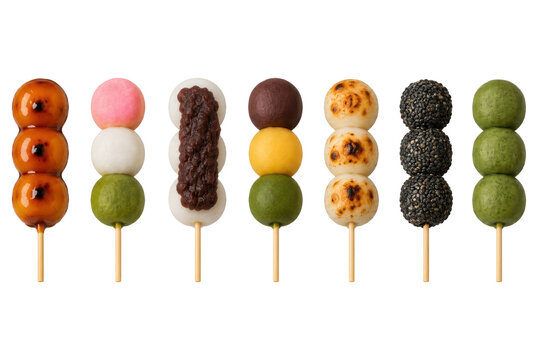 Japanese dango skewer collection featuring mitarashi hanami anko tsukimi yaki goma and matcha dango isolated on transparent background