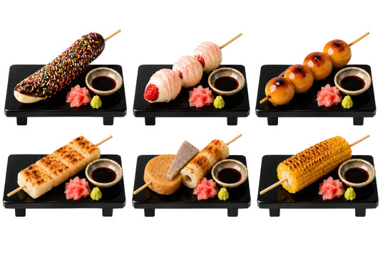 Japanese festival snack collection featuring chocolate banana strawberry daifuku mitarashi dango grilled mochi oden and roasted corn isolated on transparent background