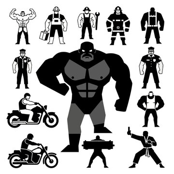 Dynamic collection of tough guy vector character illustrations, showcasing powerful men from diverse professions and strong archetypes, perfect for masculine design projects