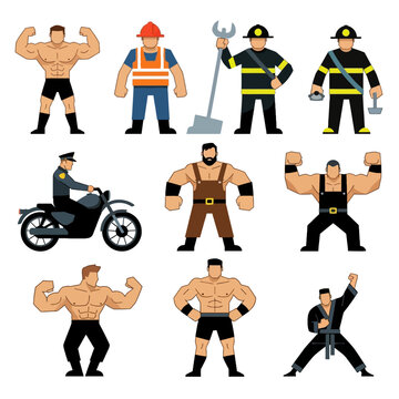 Set of strong characters and tough guy vector illustrations showing muscular men in various professions and sports roles