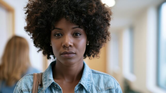 African American woman with curly hair wearing a denim jacket stands in a hallway, focused expression, soft lighting, blurred figure in the background