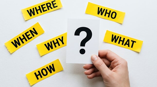 Question mark on white card held by hand, surrounded by yellow sticky notes with 'WHO', 'WHAT', 'WHEN', 'WHERE', 'WHY', 'HOW' for problem-solving and inquiry concepts