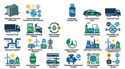 Fototapeta premium Hydrogen Fuel Vehicle And Clean Energy Icon Collection