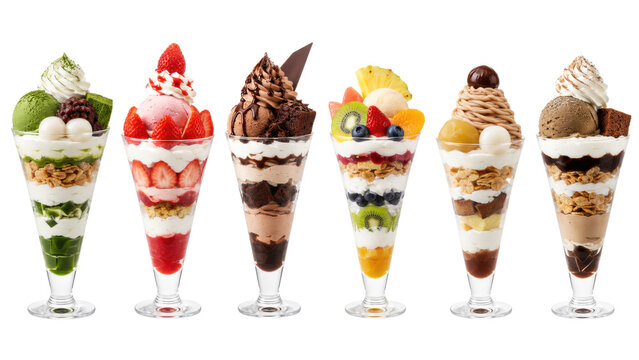 Japanese parfait collection featuring matcha strawberry chocolate fruit and chestnut layered desserts isolated on transparent background for cafe menus and premium sweets branding