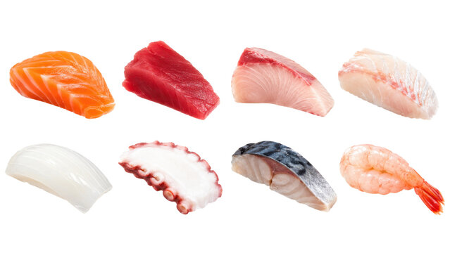 Sashimi assortment with salmon, tuna, yellowtail, squid, octopus, mackerel and shrimp isolated on transparent background
