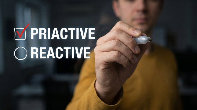 Proactive versus Reactive Choice: A man makes a conscious choice by marking the proactive option over reactive on a digital interface, signifying a decisive approach to problem-solving or planning.